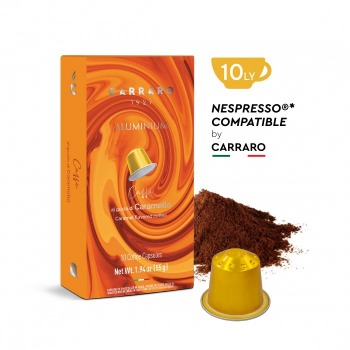 ca-phe-vien-nen-caramel-flavour-10-vien-tuong-thich-nespresso-202501061334_thumb Hộp cà phê viên nén màu cam, tương thích Nespresso, bên cạnh là bột cà phê và một viên nén màu vàng.