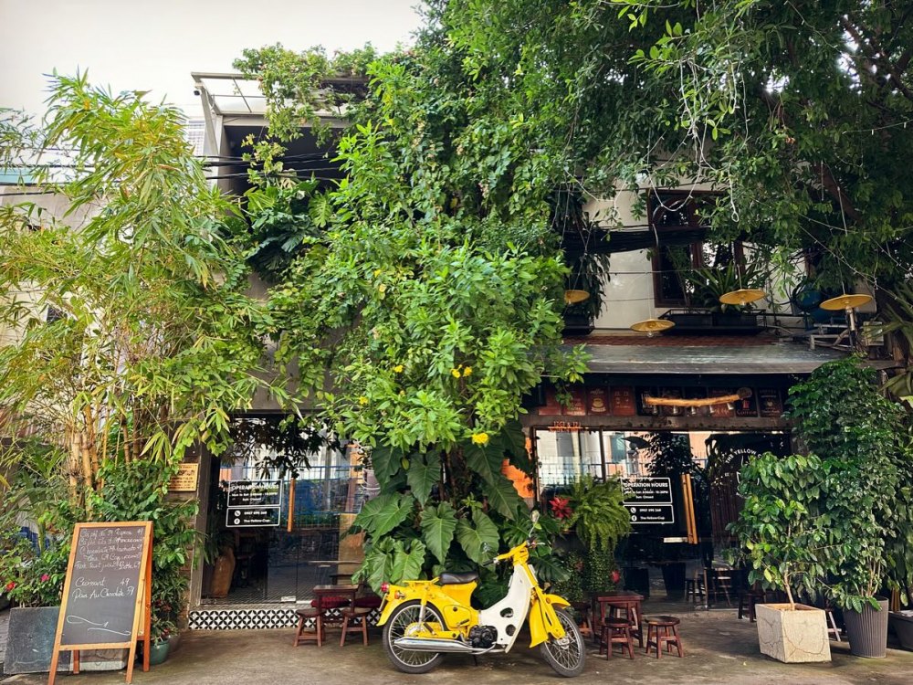Quán cà phê nhỏ với cây xanh phủ kín mặt tiền, xe máy màu vàng đậu phía trước, có bảng hiệu viết tay bên trái.