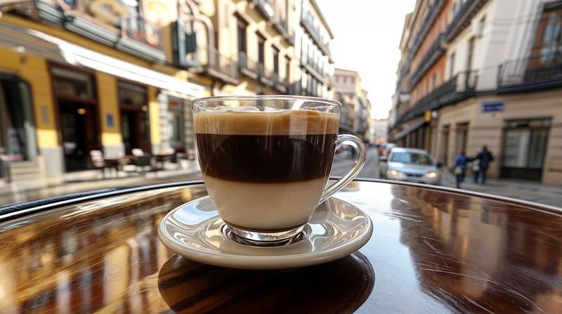 Ly c&agrave; ph&ecirc; sữa tr&ecirc;n b&agrave;n gỗ, nền l&agrave; phố cổ với t&ograve;a nh&agrave; v&agrave; người đi bộ.