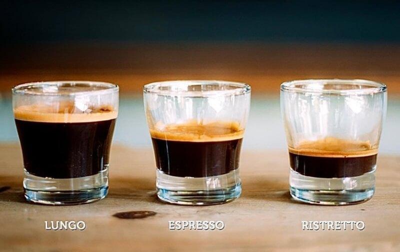 Ba ly c&agrave; ph&ecirc; tr&ecirc;n b&agrave;n gỗ, từ tr&aacute;i qua phải: lungo, espresso, ristretto, với lượng c&agrave; ph&ecirc; kh&aacute;c nhau.