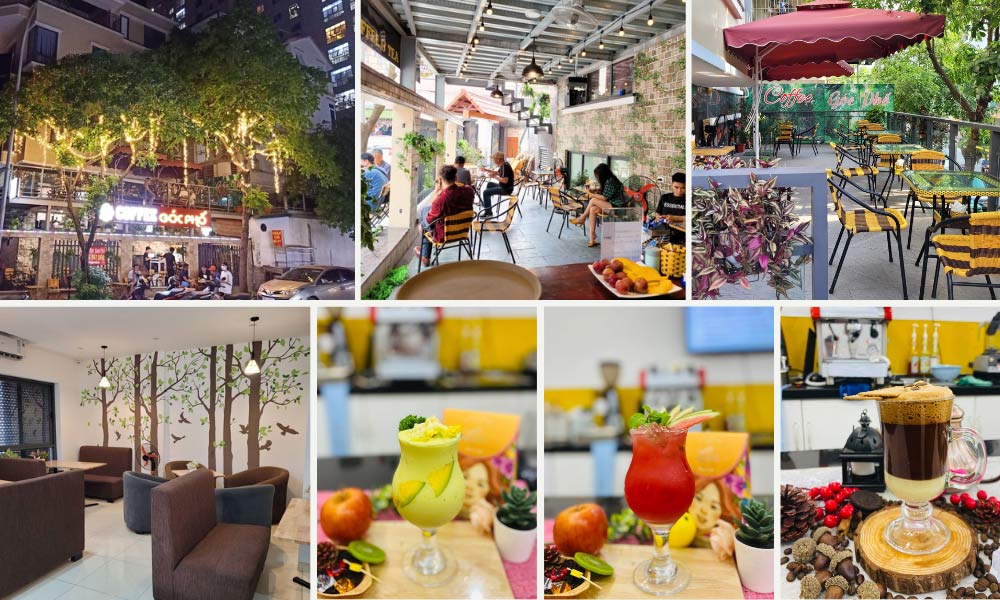Khám Phá 14 Quán Cafe Hồ Tùng Mậu: Điểm Chill Lý Tưởng Tại Cầu Giấy 15 Quán cà phê với không gian ngoài trời và trong nhà, đồ uống đa dạng gồm sinh tố và cà phê sữa đặc.