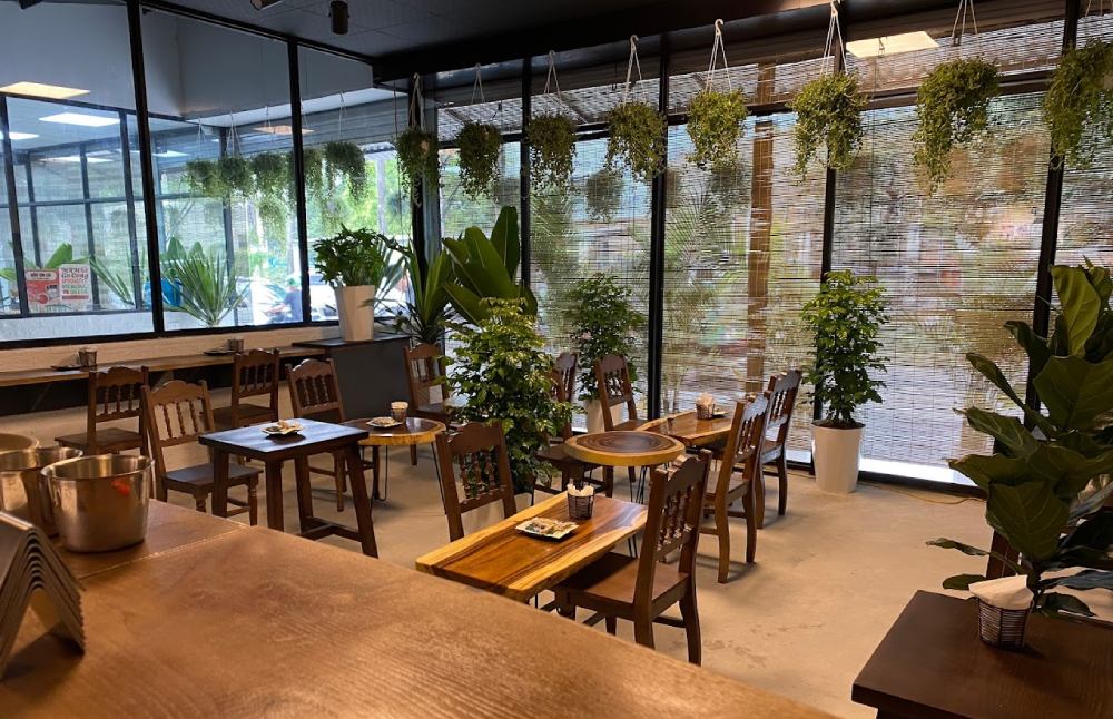 Khám Phá 11 Quán Cafe Sách Độc Đáo Tại Cầu Giấy Hút Hồn Độc Giả 16 Quán cà phê với bàn ghế gỗ, cây xanh treo trần và cửa kính nhìn ra bên ngoài, tạo không gian thoáng đãng.