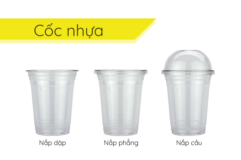 Ba loại cốc nhựa khác nhau với nắp dập, nắp phẳng và nắp cầu, trên nền trắng.