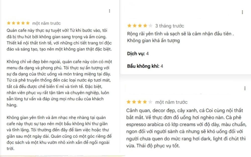 7 Quán Cafe View Đẹp Phạm Văn Đồng Không Thể Bỏ Qua 11 Ảnh chụp ba đánh giá về quán cà phê từ khách hàng, có nhận xét về không gian và chất lượng dịch vụ.