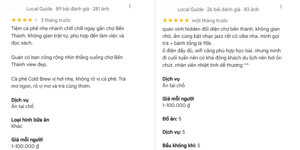 Khám Phá Top Quán Cafe Sách Hot Nhất Quận 1 Bạn Không Thể Bỏ Lỡ Năm Nay 10 Hai đánh giá về quán cà phê gần chợ Bến Thành, mô tả không gian và chất lượng dịch vụ.