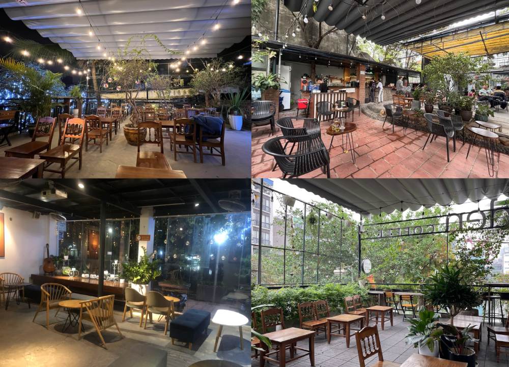 Khám Phá 11 Quán Cafe Đội Cấn Tuyệt Vời Cho Thư Giãn Và Làm Việc 10 Quán cà phê với không gian ngoài trời, bàn ghế gỗ và cây xanh trang trí, ánh đèn lung linh vào buổi tối.