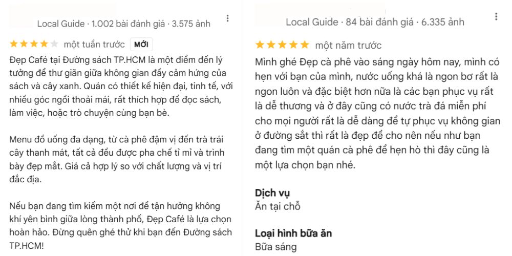 Khám Phá Top Quán Cafe Sách Hot Nhất Quận 1 Bạn Không Thể Bỏ Lỡ Năm Nay 14 Hai đánh giá về quán cà phê ở TP.HCM, khen ngợi không gian đẹp, đồ uống ngon và dịch vụ tốt.