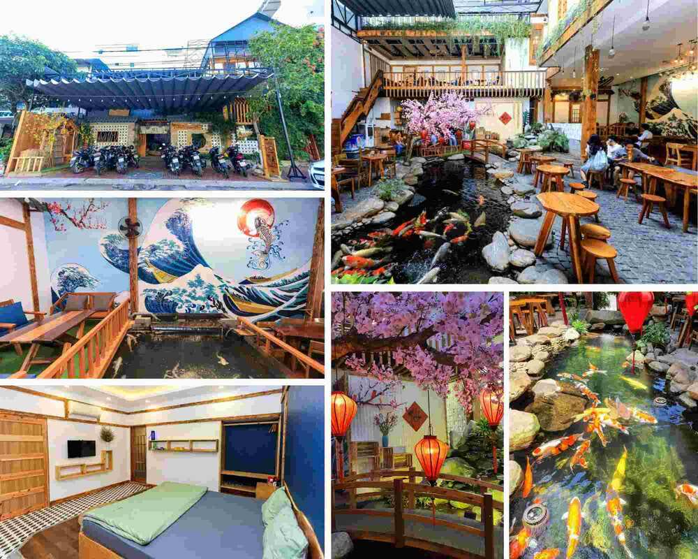 Top 5 Quán Cafe Cá Koi Đẹp Không Thể Bỏ Qua Tại Quy Nhơn 4 Quán cà phê phong cách Nhật Bản với hồ cá koi, trang trí hoa anh đào và nội thất gỗ ấm cúng.
