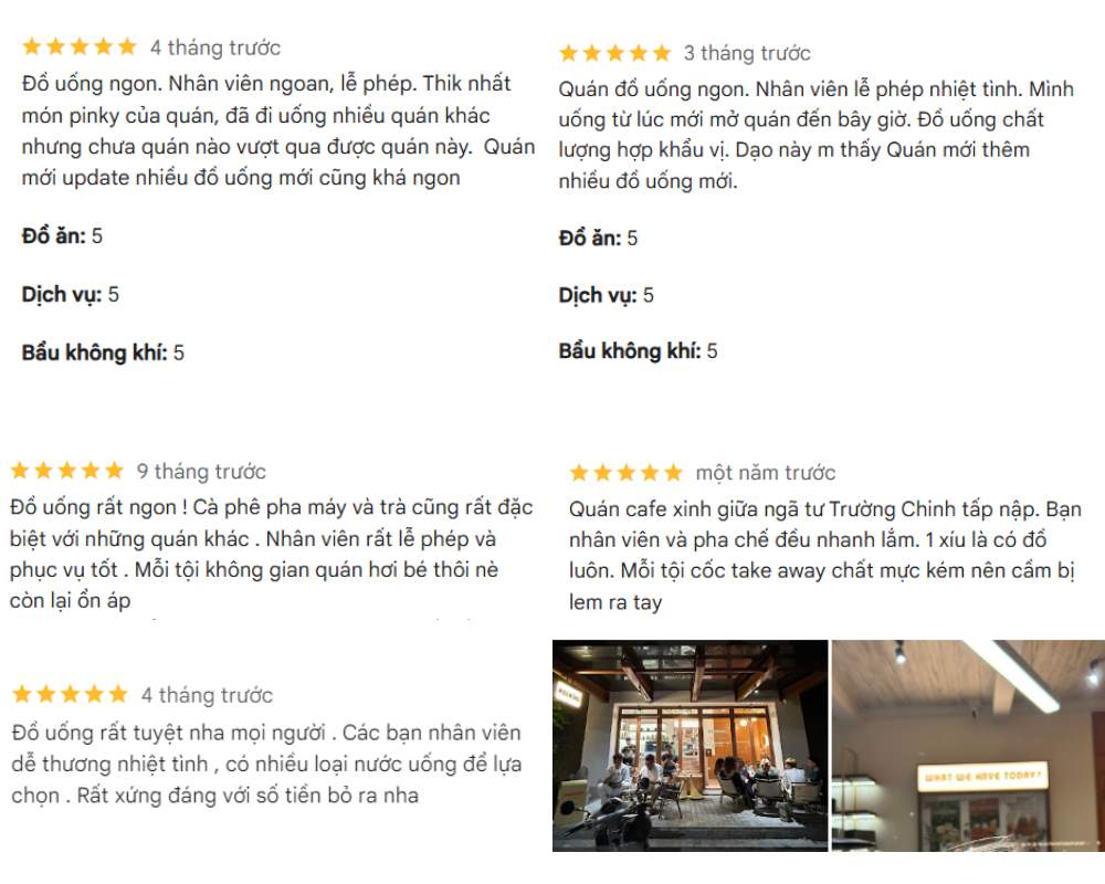 Khám Phá 7 Quán Cafe Tuyệt Đẹp Ở Ngã Tư Sở: View Đẹp, Đồ Uống Ngon, Giá Phải Chăng 20 Hình ảnh các đánh giá về quán cà phê với điểm số cao, kèm hai bức ảnh không gian quán.