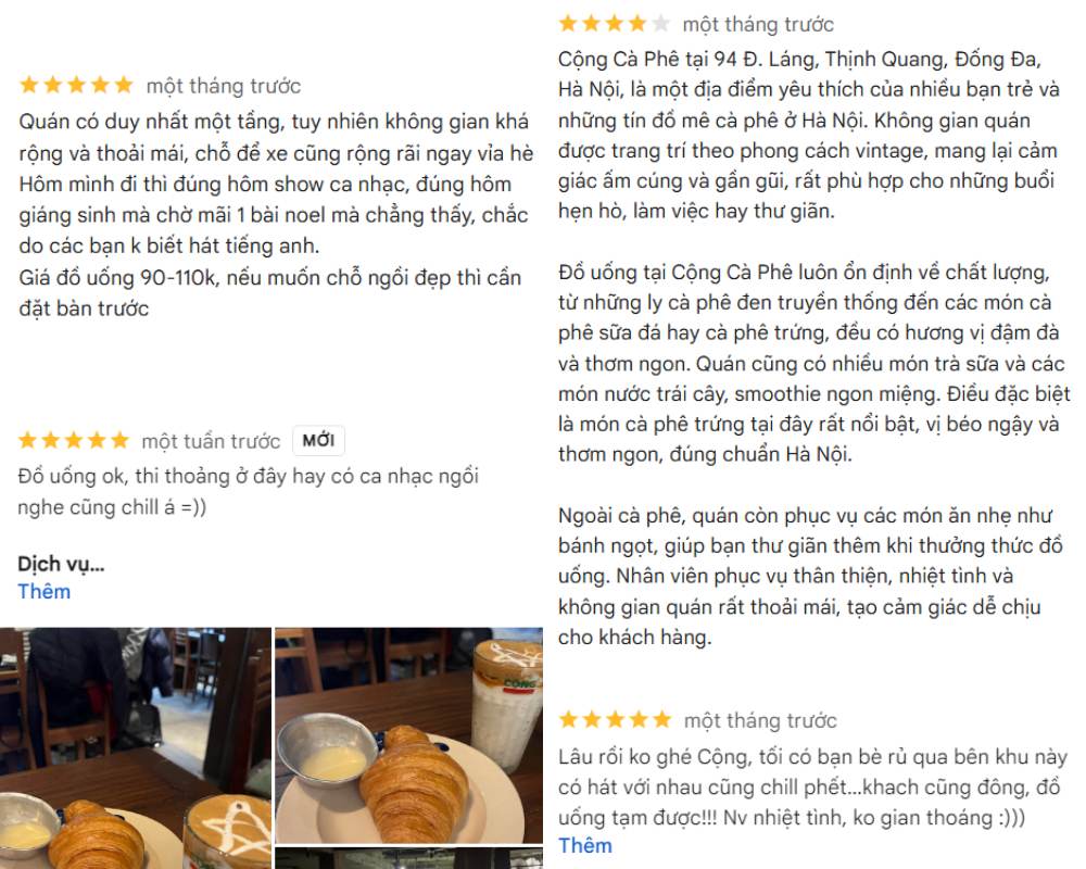 Khám Phá 7 Quán Cafe Tuyệt Đẹp Ở Ngã Tư Sở: View Đẹp, Đồ Uống Ngon, Giá Phải Chăng 8 Hình ảnh các nhận xét và đánh giá về một quán cà phê, kèm hình thức ăn và đồ uống trên bàn.