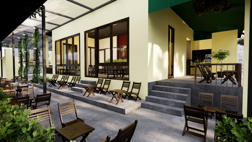 7 Quán Cafe View Đẹp Phạm Văn Đồng Không Thể Bỏ Qua 16 Quán cà phê với bàn ghế gỗ ngoài trời, có mái che và cây xanh trang trí, tạo không gian thoáng mát và thư giãn.
