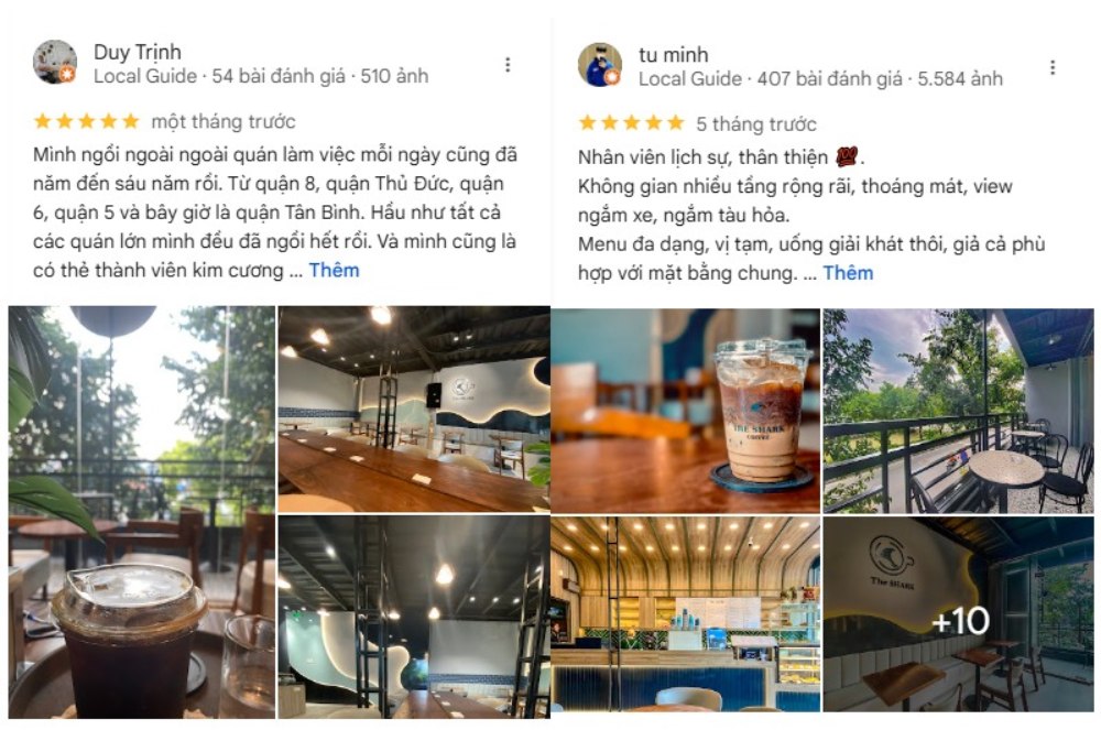 Khám Phá Top 6 Quán Cafe Mở Cửa 24h Tại Quận 3 Cho Người Yêu Thích Cú Đêm 18 Hai bài đánh giá quán cà phê với hình ảnh không gian quán, đồ uống, và khu vực ngồi ngoài trời.