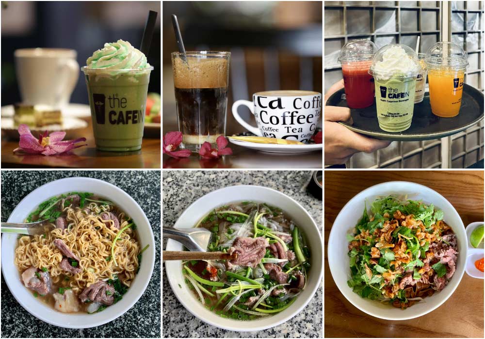 Khám Phá Top 6 Quán Cafe Hot Nhất Tại Thành Thái, Cầu Giấy 9 Các loại đồ uống và món ăn Việt Nam được bày trên bàn, bao gồm cà phê, nước trái cây, phở và mì.
