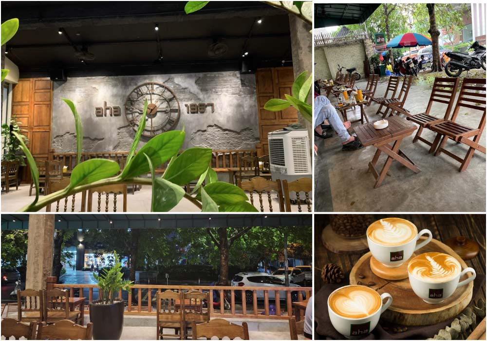 Khám Phá Top 6 Quán Cafe Hot Nhất Tại Thành Thái, Cầu Giấy 14 Quán cà phê với không gian nội thất gỗ, bàn ghế ngoài trời và ba tách cà phê với hoa văn trên bề mặt.