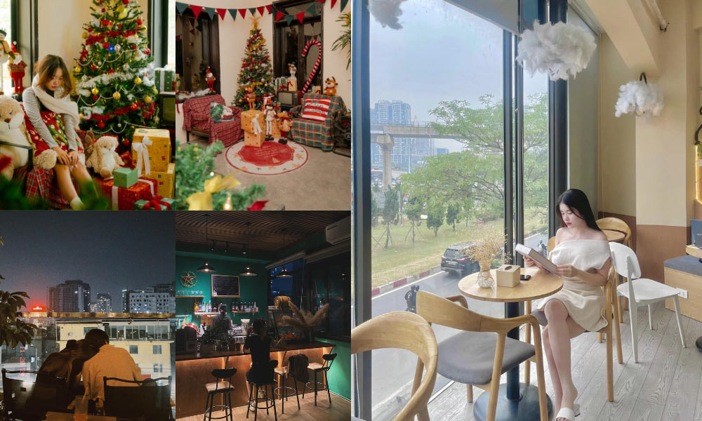 Khám Phá 14 Quán Cafe Hồ Tùng Mậu: Điểm Chill Lý Tưởng Tại Cầu Giấy 23 1. Căn phòng trang trí Giáng Sinh với cây thông và quà.
2. Quán cà phê với người đọc sách gần cửa sổ.
3. Quán bar với khách ngồi bên trong.
4. Cảnh đêm thành phố nhìn từ trên cao.