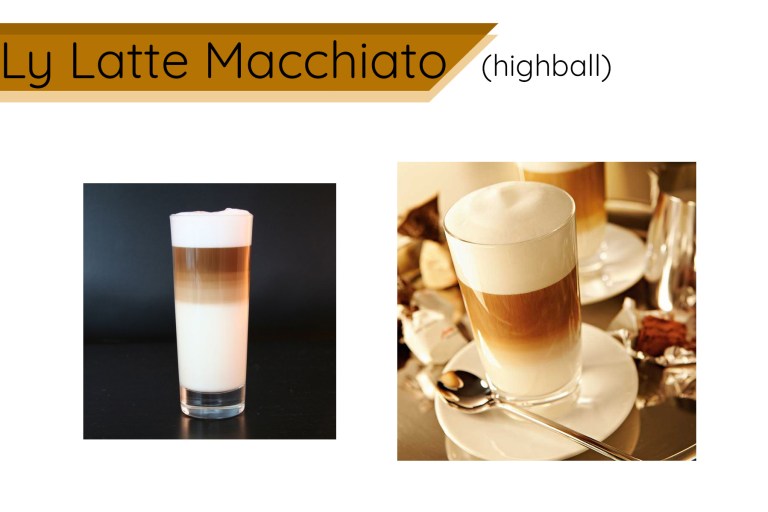 Hai ly Latte Macchiato với lớp bọt sữa trắng, đặt trên bàn; một ly trên đĩa cùng thìa kim loại.