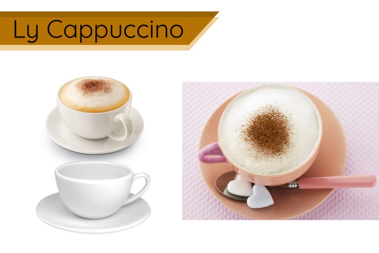 Hình ảnh gồm ba ly cappuccino với bọt sữa và bột cacao, một ly có thìa và đĩa nhỏ đi kèm.