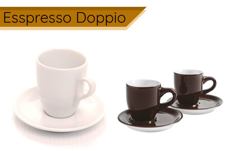 Hai tách espresso màu nâu và một tách màu trắng trên đĩa lót, văn bản "Espresso Doppio" phía trên.
