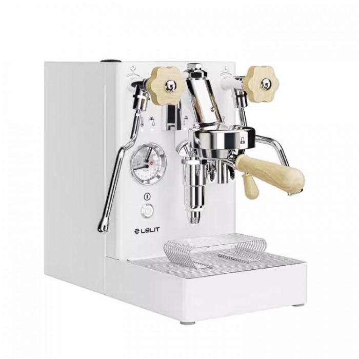 Máy pha cà phê Espresso màu trắng với tay cầm bằng gỗ và đồng hồ hiển thị áp suất phía trước.