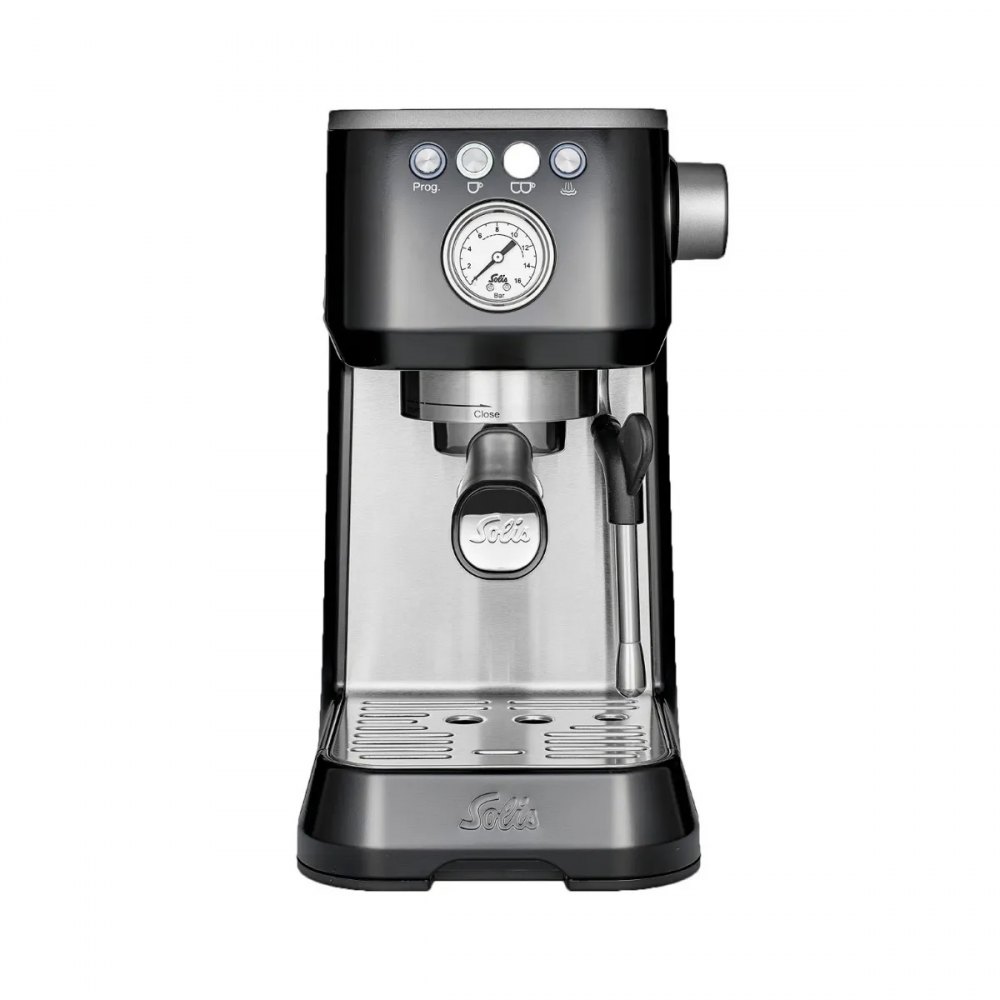 Máy pha cà phê espresso kiểu dáng hiện đại, vỏ kim loại với các nút điều khiển và đồng hồ áp suất phía trước.