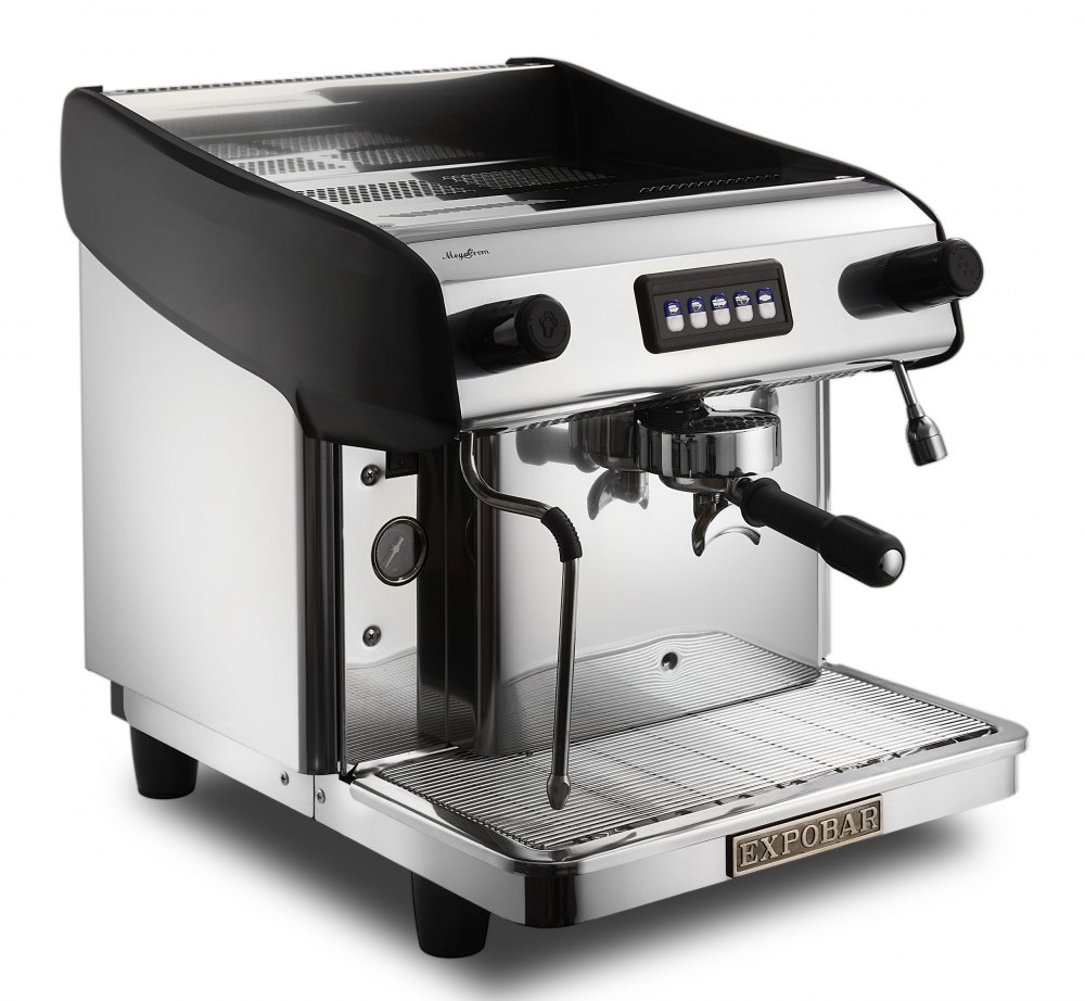 Máy pha cà phê espresso màu bạc với núm điều chỉnh và cần gạt hơi nước, thiết kế hiện đại.