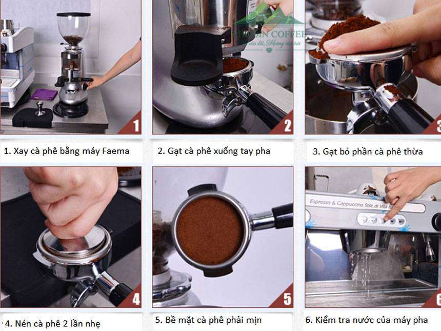 may-pha-ca-phe-faema-e98-re-s-7 Quy trình pha cà phê espresso gồm các bước: xay, gạt, nén cà phê và kiểm tra nước máy pha.