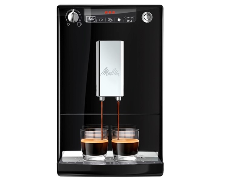 Máy pha cà phê tự động đang pha hai ly espresso cùng lúc, thiết kế màu đen bóng bẩy.