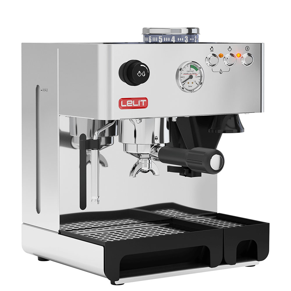 Máy pha cà phê espresso màu bạc với nút điều chỉnh và đồng hồ đo áp suất.
