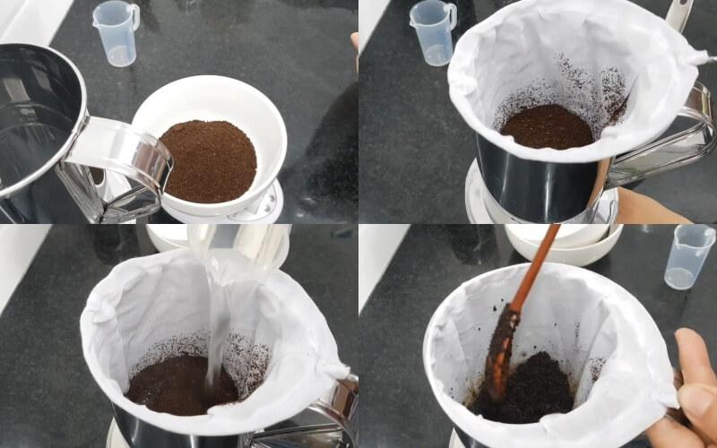 nel-drip-coffee-11 Quá trình pha cà phê phin với bột cà phê và nước nóng, sử dụng phin lọc và dụng cụ khuấy trong nhà bếp.