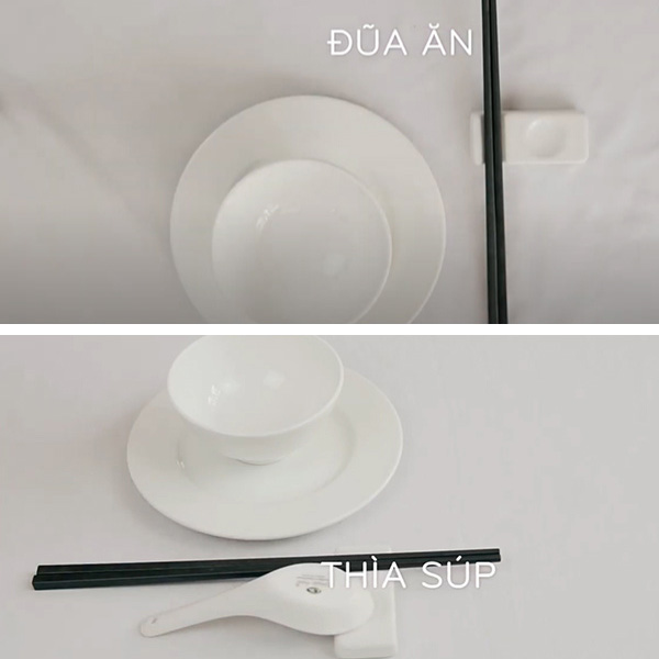 Hình ảnh gồm một bộ bát đĩa trắng và đũa, thìa được sắp xếp trên nền trắng.