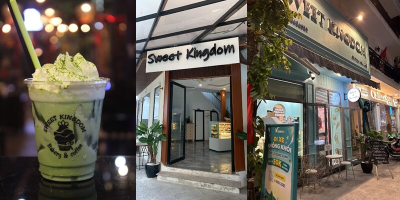 Quán cà phê và tiệm bánh Sweet Kingdom với đồ uống và không gian quán hiện đại, trang trí cây xanh.