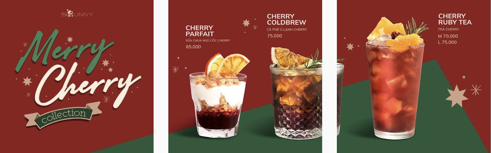 the-bunny-coffee-3-su-dung-may-pha-ca-phe-appia-life-two-group Ba loại đồ uống gồm Cherry Parfait, Cherry Coldbrew và Cherry Ruby Tea trên nền đỏ, kèm giá tiền.