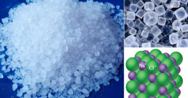 Hình ảnh muối ăn với các tinh thể và mô hình cấu trúc phân tử NaCl.