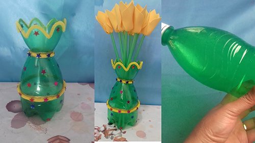 tai-che-chai-nhua-thanh-lo-hoa Ba hình ảnh ghép lại cho thấy cách tái chế chai nhựa thành chậu hoa trang trí với hoa giấy màu vàng.