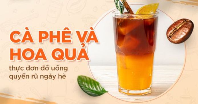 Ly cà phê kết hợp hoa quả, trang trí bằng lá và đá, bên cạnh là chữ "Cà phê và hoa quả" màu cam nổi bật.
