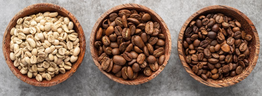 Ba bát gỗ chứa hạt cà phê ở ba mức độ rang khác nhau: sống, rang vừa và rang đậm, đặt trên nền xám.