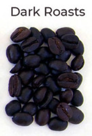 Hạt cà phê rang đậm được sắp xếp trên nền trắng, bên trên có dòng chữ "Dark Roasts".