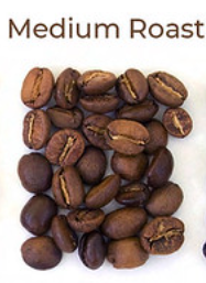 Hạt cà phê rang vừa được sắp xếp trên nền trắng, với dòng chữ "Medium Roast" phía trên.