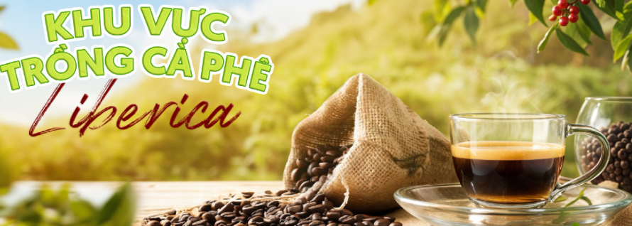 C&agrave; ph&ecirc; trong ly thủy tinh cạnh t&uacute;i vải đựng hạt, nền l&agrave; c&acirc;y xanh v&agrave; chữ "Khu Vực Trồng C&agrave; Ph&ecirc; Liberica".