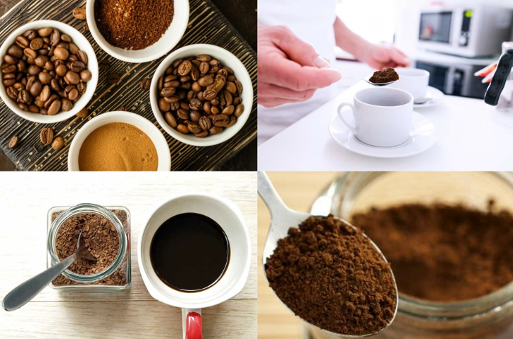 Bốn h&igrave;nh ảnh về c&agrave; ph&ecirc;: hạt c&agrave; ph&ecirc;, pha c&agrave; ph&ecirc; h&ograve;a tan, c&agrave; ph&ecirc; bột v&agrave; t&aacute;ch c&agrave; ph&ecirc; pha sẵn.