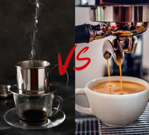 Khám phá bí mật cà phê: Máy móc hay phin liệu có mang hương vị đỉnh cao? 8 Pha cà phê phin truyền thống bên trái, máy pha espresso hiện đại bên phải, chữ "VS" đỏ ở giữa.