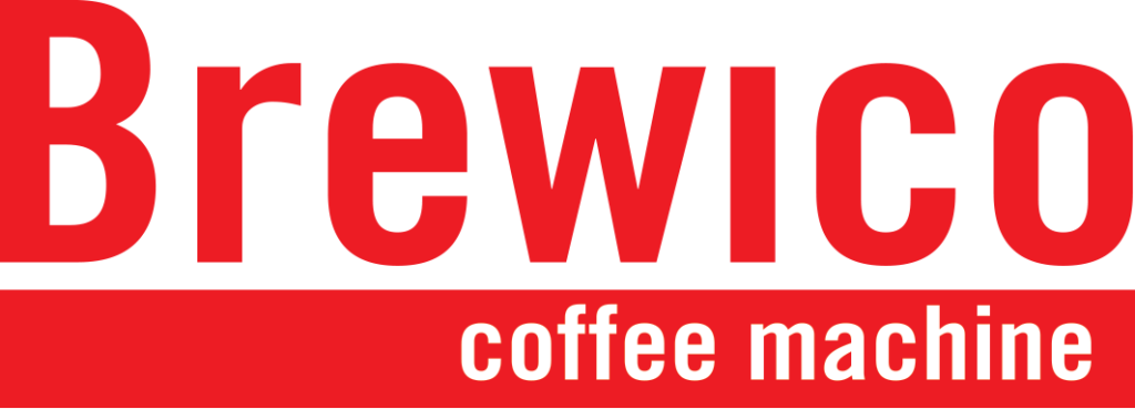 Logo Brewico với chữ đỏ lớn tr&ecirc;n nền trắng, c&oacute; d&ograve;ng chữ nhỏ hơn "coffee machine" b&ecirc;n dưới.