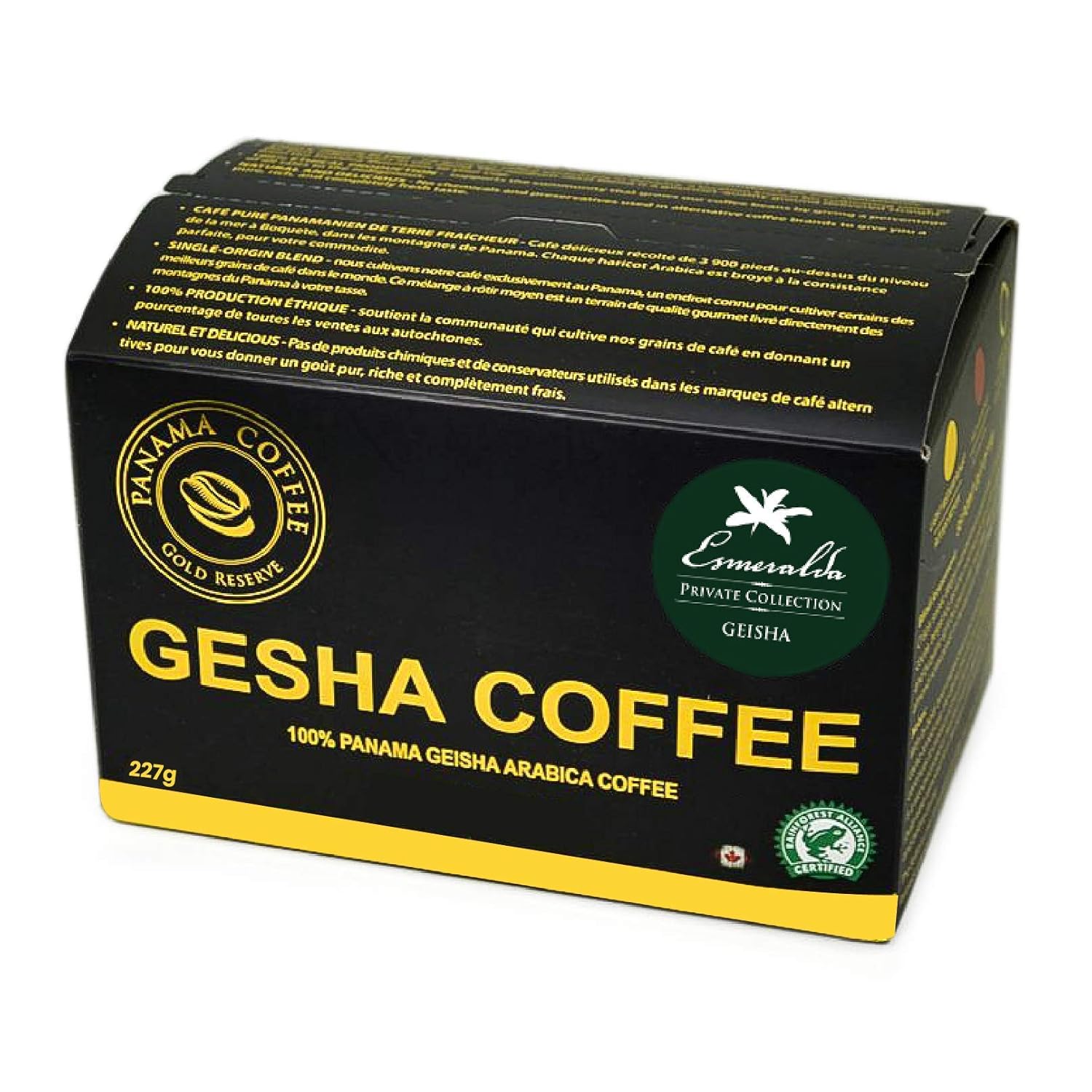 Hộp cà phê Geisha Panama, thiết kế màu đen vàng với nhãn hiệu và thông tin sản phẩm in trên bề mặt.