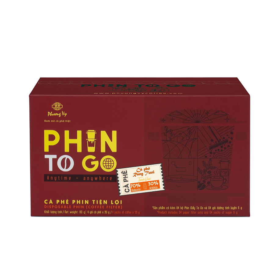 Chinh phục Nghệ Thuật Pha Cà Phê Nhỏ Giọt Đỉnh Cao (Phần III) 10 Hộp cà phê phin tiện lợi màu đỏ, có chữ "PHIN TO GO" và thông tin sản phẩm bên dưới.
