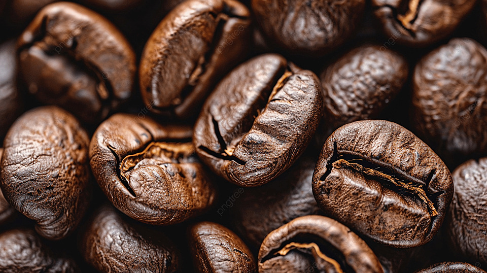 Cận cảnh hạt cà phê nâu, bề mặt có kết cấu nhăn và rãnh đặc trưng, xếp chồng lên nhau.