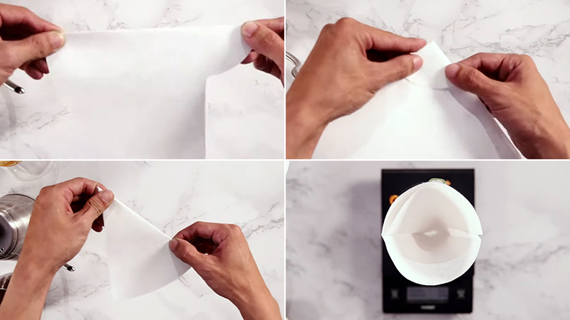 Bốn bước gấp giấy lọc c&agrave; ph&ecirc;: gấp đ&ocirc;i, gấp g&oacute;c, mở ra h&igrave;nh phễu, đặt v&agrave;o phễu tr&ecirc;n b&agrave;n.