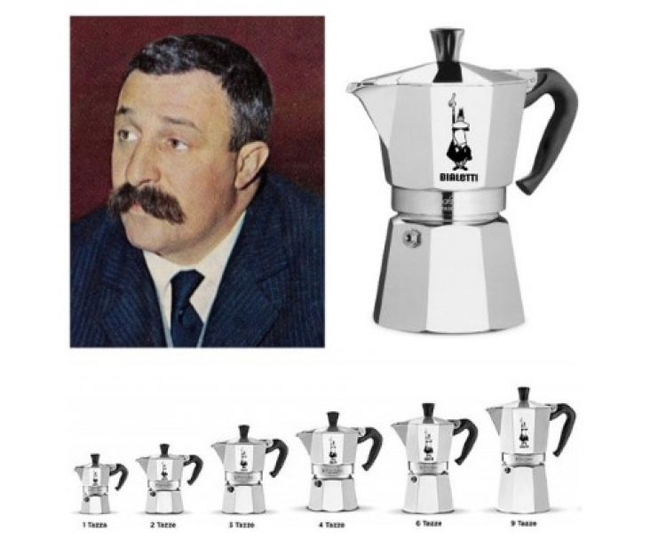 Khám Phá Bí Ẩn Của Moka Pot: Hành Trình Đầy Mê Hoặc Với Bình Pha Cà Phê Huyền Thoại 4 Ảnh một người đàn ông và nhiều mẫu bình pha cà phê moka với kích cỡ khác nhau.