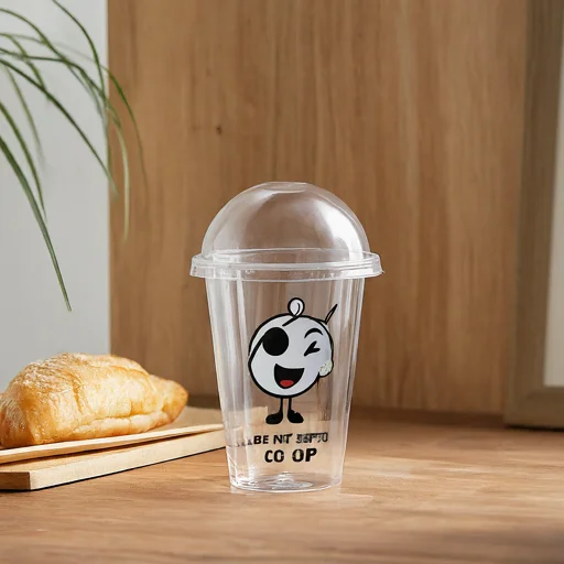 Ly nhựa trong suốt c&oacute; h&igrave;nh vẽ vui nhộn, đặt cạnh ổ b&aacute;nh m&igrave; tr&ecirc;n b&agrave;n gỗ, nền c&oacute; c&acirc;y xanh.