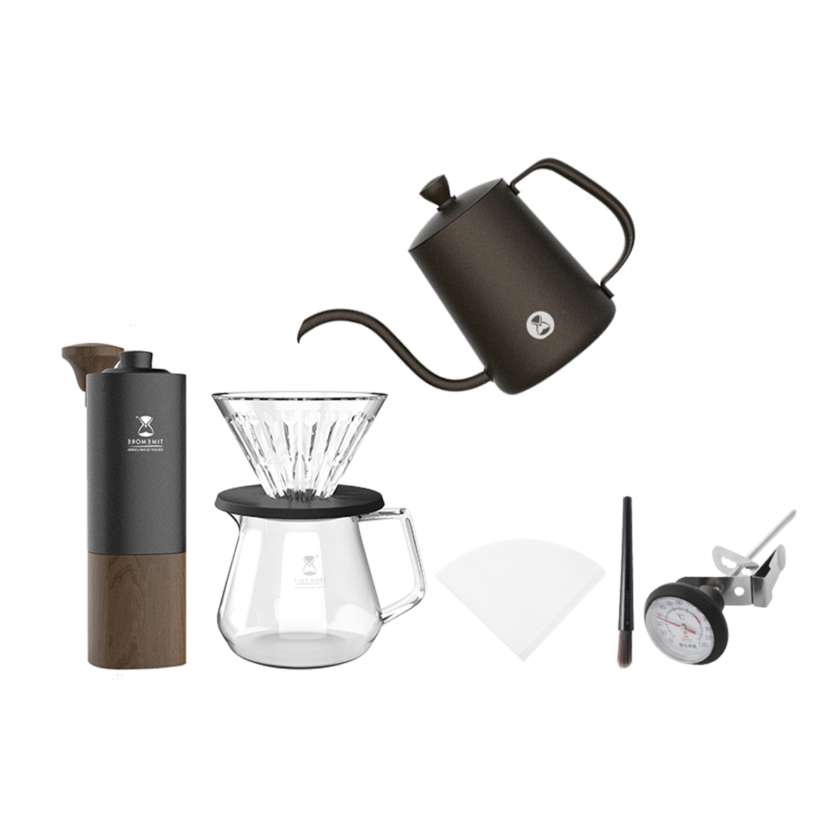 Bộ pha c&agrave; ph&ecirc; gồm ấm đun, phễu lọc, b&igrave;nh thủy tinh, m&aacute;y xay, nhiệt kế v&agrave; cọ, tr&ecirc;n nền trắng.