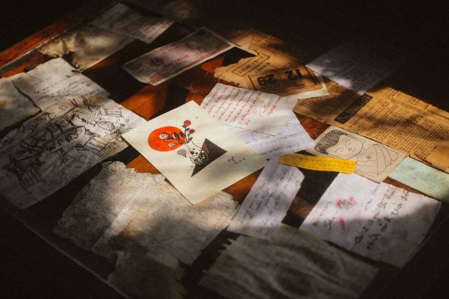 Giấy tờ, bản vẽ v&agrave; ghi ch&uacute; cũ nằm tr&ecirc;n mặt b&agrave;n gỗ, &aacute;nh s&aacute;ng chiếu qua tạo v&ugrave;ng s&aacute;ng tối tr&ecirc;n bề mặt.